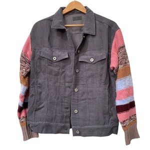 umgee Gray Pink Blue Corduroy Jacket Knit Sweater Sleeves Striped size M - NWOT